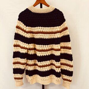 Norton Ditto Mens Striped Pure Wool Knit Sweater XL Navy Brown Chunky Pullover